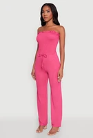 Womens Chic Smocked Strapless Ruffle Jumpsuit with Faux Drawstring, Pink, Size L