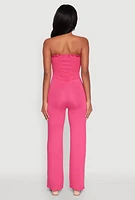 Womens Chic Smocked Strapless Ruffle Jumpsuit with Faux Drawstring, Pink, Size L