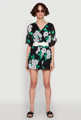 Womens Chiffon Floral Print V Neck Wrap Romper with Belt, Multi, Size M