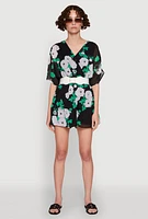 Womens Chiffon Floral Print V Neck Wrap Romper with Belt, Multi, Size M