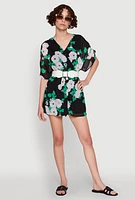 Womens Chiffon Floral Print V Neck Wrap Romper with Belt, Multi, Size M