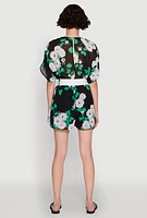 Womens Chiffon Floral Print V Neck Wrap Romper with Belt, Multi, Size M