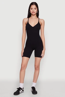 Womens Seamless Rib Knit Cami Biker Romper, Black, Size S-M