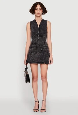 Womens Acid Wash Zip Front Corset Mini Dress, Black, Size M