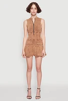Womens Acid Wash Zip Front Corset Mini Dress, Brown, Size L