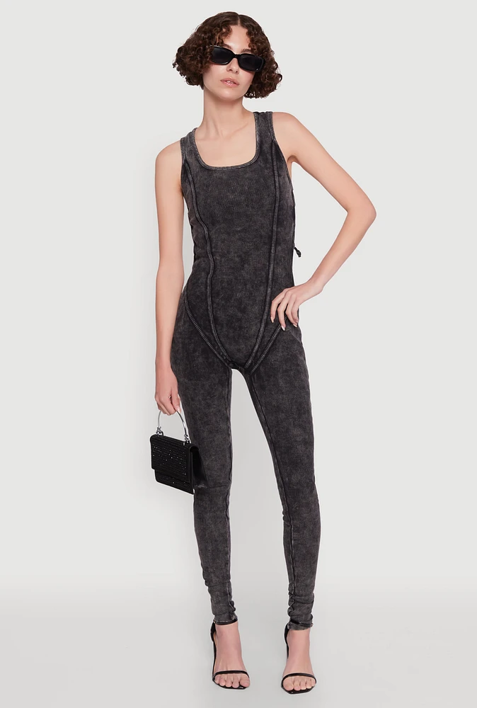 Womens Mineral Wash Lace Up Back Pintuck Jumpsuit, Black,