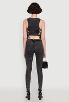 Womens Mineral Wash Lace Up Back Pintuck Jumpsuit, Black, Size S