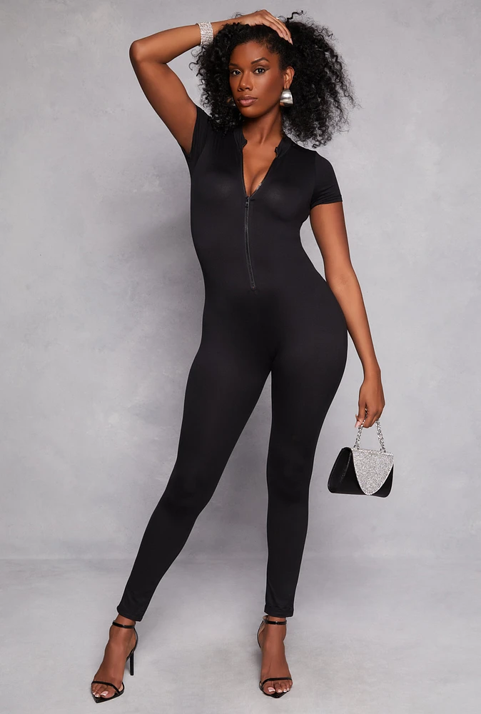 Womens Short Sleeve Zip Front Catsuit,