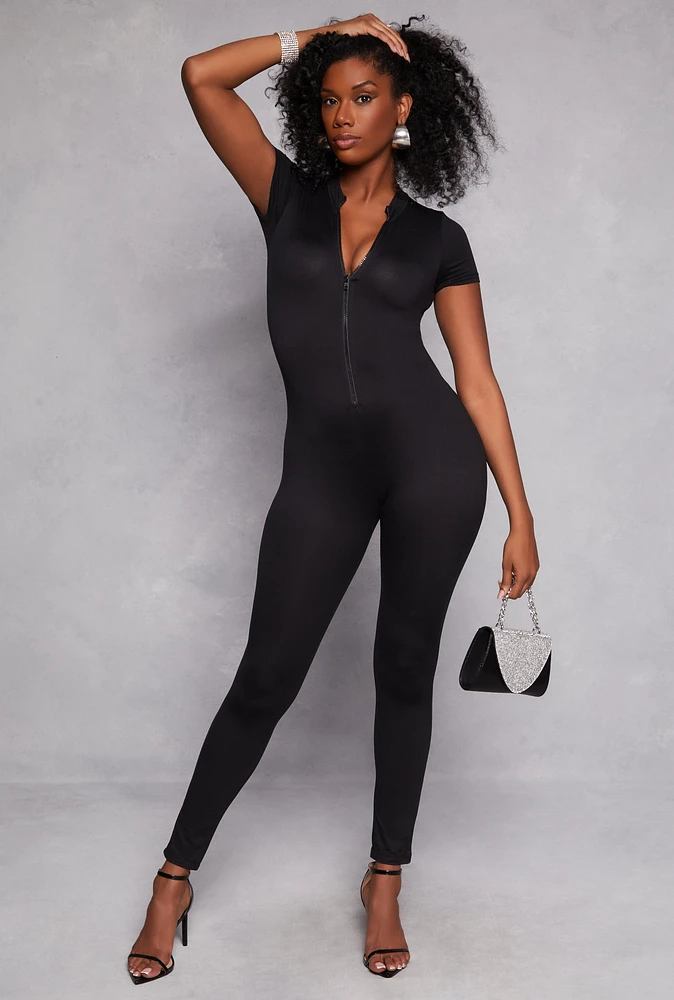 Womens Short Sleeve Zip Front Catsuit, Black, Size M