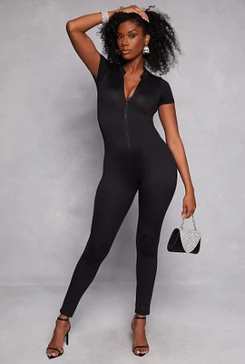 Womens Short Sleeve Zip Front Catsuit, Black, Size M
