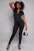 Womens Short Sleeve Zip Front Catsuit, Black, Size M
