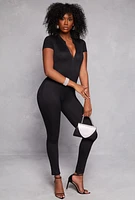 Womens Short Sleeve Zip Front Catsuit, Black, Size M