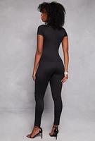 Womens Short Sleeve Zip Front Catsuit, Black, Size M