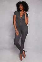 Womens Short Sleeve Zip Front Catsuit, Grey, Size L