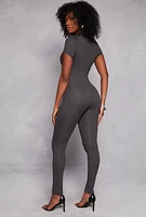 Womens Short Sleeve Zip Front Catsuit, Grey,