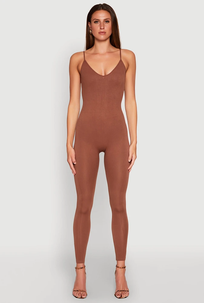 Womens Daisy Sleeveless V Neck Catsuit, Brown, Size L