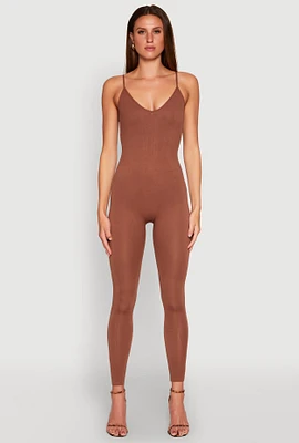 Womens Daisy Sleeveless V Neck Catsuit, Brown, Size L