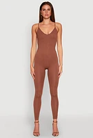 Womens Daisy Sleeveless V Neck Catsuit, Brown, Size L
