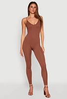 Womens Daisy Sleeveless V Neck Catsuit, Brown, Size L