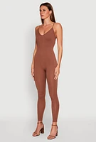Womens Daisy Sleeveless V Neck Catsuit, Brown, Size L