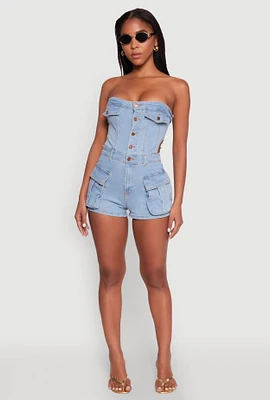 Womens Daisy Cut Out Side Denim Strapless Romper, Blue,