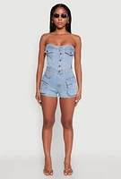 Womens Daisy Cut Out Side Denim Strapless Romper, Blue,