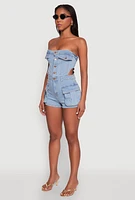 Womens Daisy Cut Out Side Denim Strapless Romper, Blue,