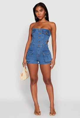 Womens Daisy Cut Out Side Denim Strapless Romper, Blue, Size S
