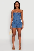 Womens Daisy Cut Out Side Denim Strapless Romper, Blue, Size S