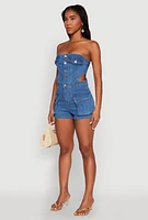 Womens Daisy Cut Out Side Denim Strapless Romper, Blue, Size S