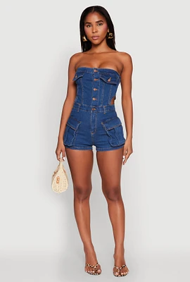 Womens Daisy Cut Out Side Denim Strapless Romper, Blue,