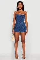 Womens Daisy Cut Out Side Denim Strapless Romper, Blue, Size M