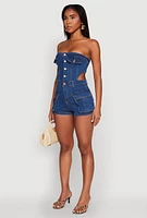 Womens Daisy Cut Out Side Denim Strapless Romper, Blue, Size M