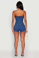 Womens Daisy Cut Out Side Denim Strapless Romper, Blue, Size M