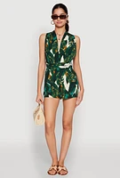 Womens Haute Monde Tropical Print Plunge Romper, Green,