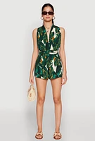 Womens Haute Monde Tropical Print Plunge Romper, Green,