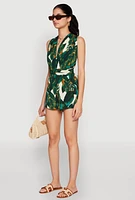 Womens Haute Monde Tropical Print Plunge Romper, Green,