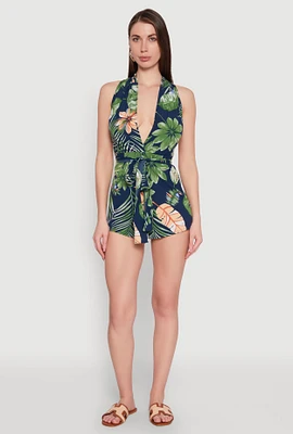 Womens Haute Monde Tropical Print Tie Waist Romper, Multi,