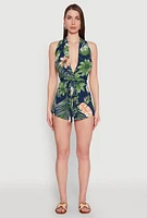 Womens Haute Monde Tropical Print Tie Waist Romper, Multi, Size L