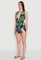 Womens Haute Monde Tropical Print Tie Waist Romper, Multi, Size L