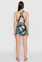 Womens Haute Monde Tropical Print Tie Waist Romper, Multi, Size L