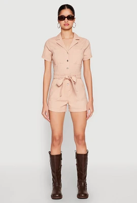 Womens Haute Monde Tie Waist Belted Romper, Pink, Size S