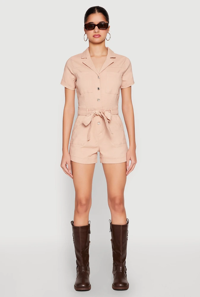 Womens Haute Monde Tie Waist Belted Romper, Pink, Size L