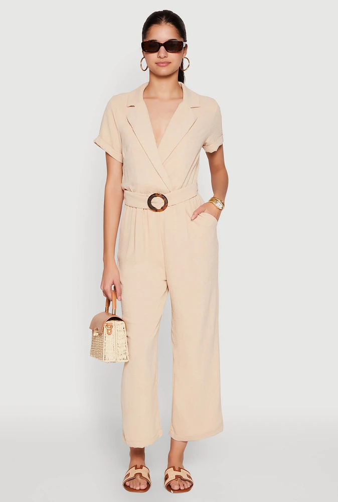 Womens O Ring Belted Jumpsuit, Beige, Size M