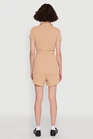 Womens Iris Textured Knit Short Sleeve Romper, Beige, Size M