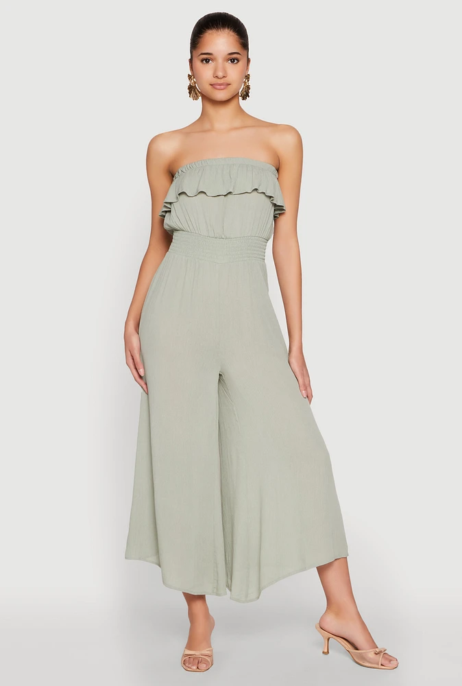 Womens Almost Famous Ruffle Overlay Smocked Waist Jumpsuit, Green, Size M