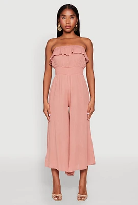 Womens Almost Famous Ruffle Overlay Smocked Waist Jumpsuit, Pink, Size XL