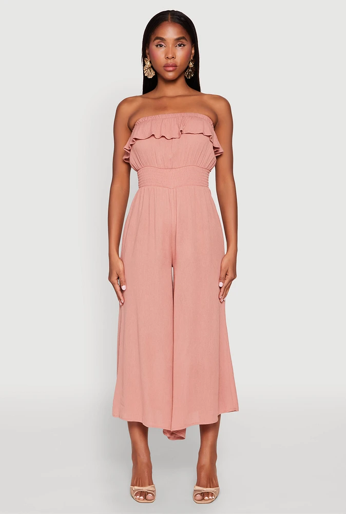 Womens Almost Famous Ruffle Overlay Smocked Waist Jumpsuit, Pink,