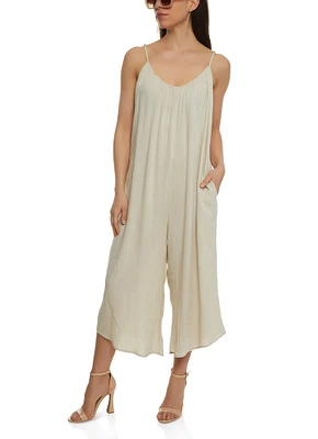 Womens Cropped Wide Leg Jumpsuit, Beige, Size XL