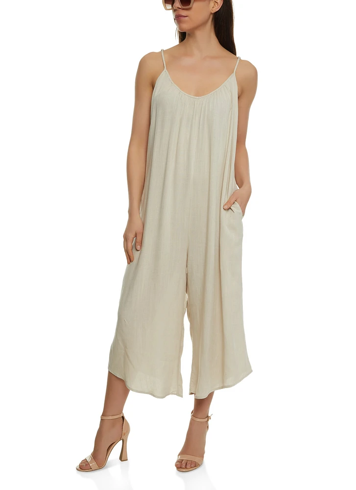 Womens Cropped Wide Leg Jumpsuit, Beige, Size XL